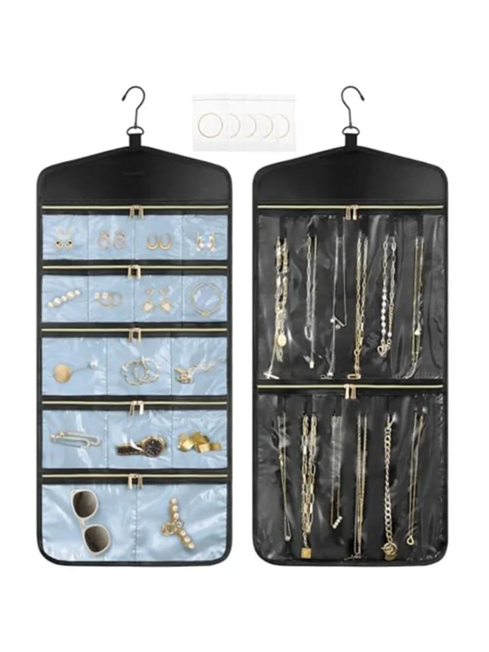 Hanging Jewelry Organizer Double Sided Necklace Earring Storage Bag Zipper